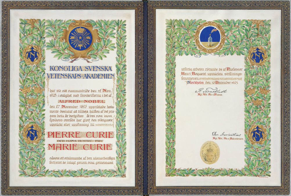 Dyplom Nagrody Nobla w dziedzinie fizyki, przyznany w grudniu 1903 r. Pierre’owi i Marii Curie