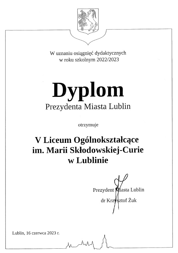 Dyplom Prezydenta Miasta Lublin dla V LO za osiągnięcia dydaktyczne w roku szkolnym 2022-2023